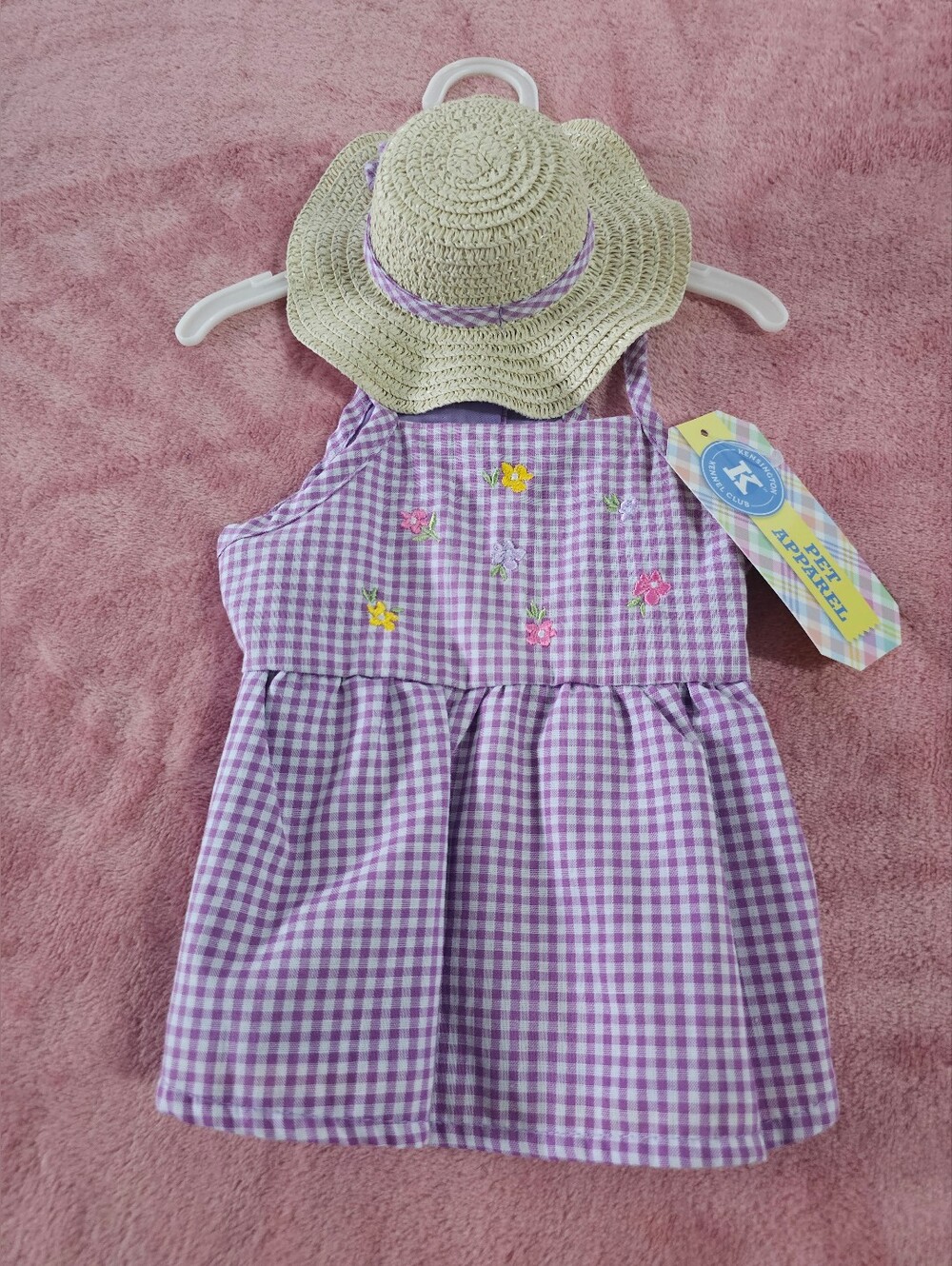 Kj Brand Lavender Gingham Embroidered Dog Sundress with Straw Hat "XS"
